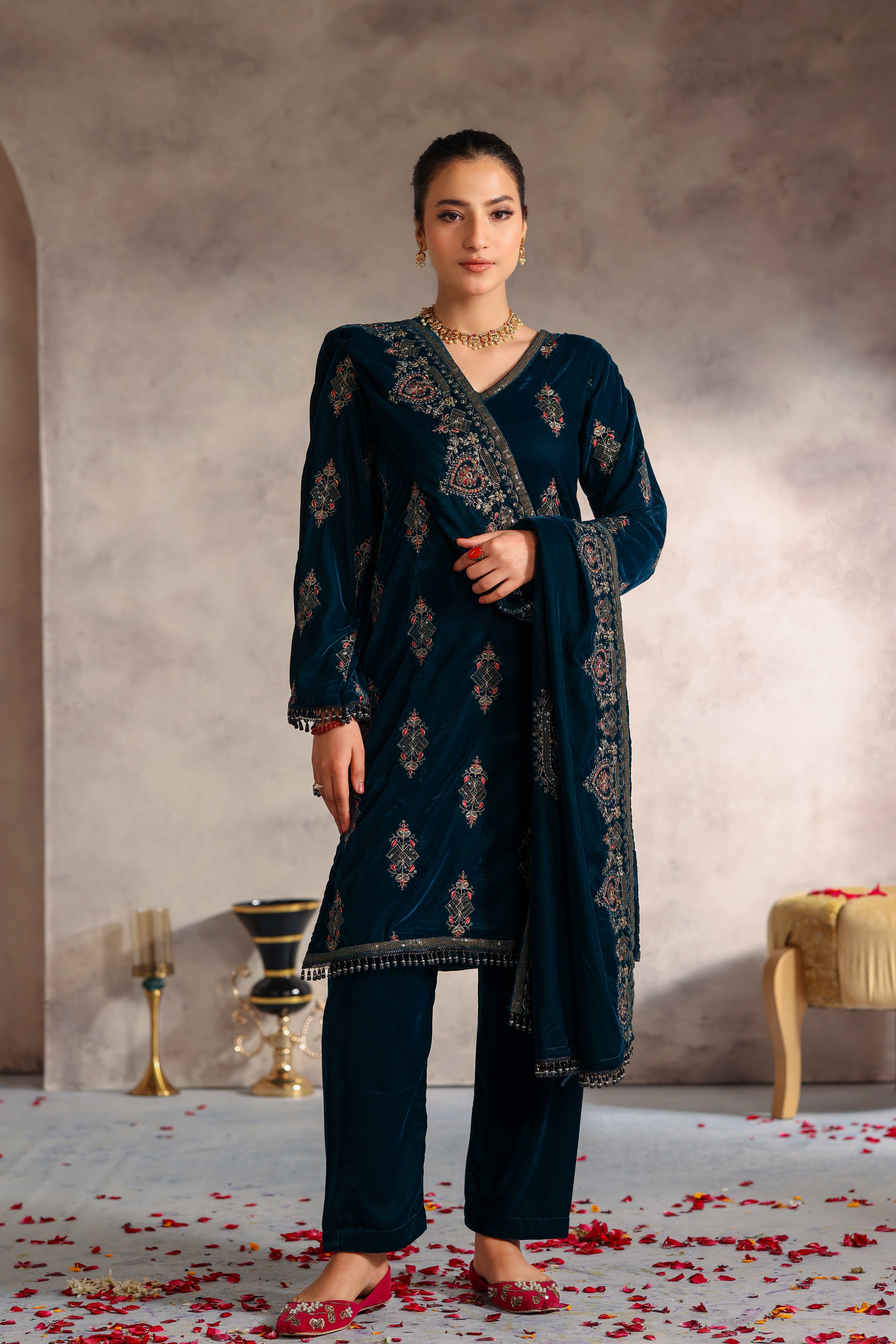 Aabroo Velvet Embroidered Suit - NFD-402