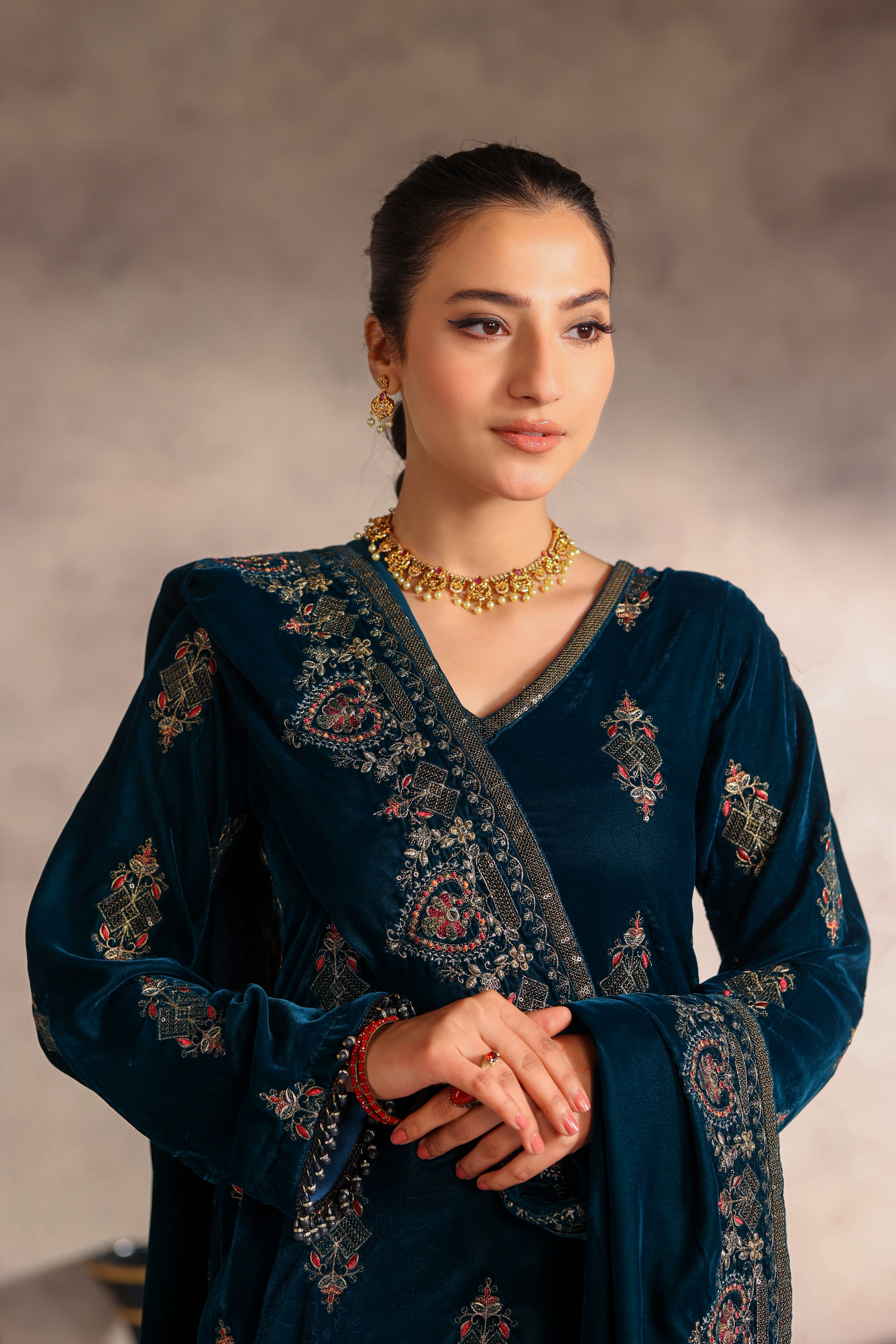Aabroo Velvet Embroidered Suit - NFD-402