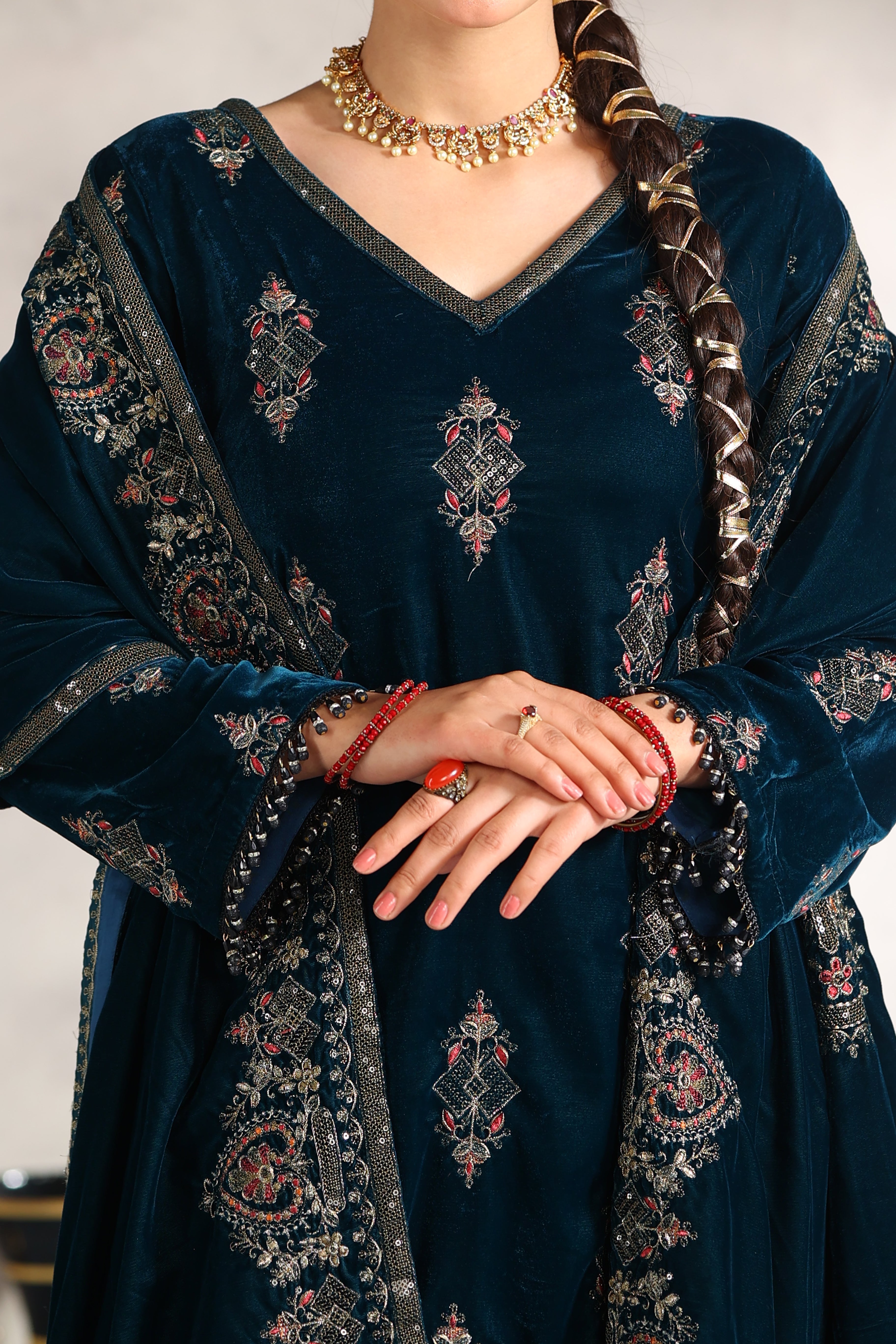 Aabroo Velvet Embroidered Suit - NFD-402